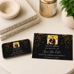 Black gold confetti photo birthday save the date<br><div class="desc">A Save the Date card for a 50th (or any age) birthday party. A black background. Decorated with golden confetti. The text: Save the Date is written with a large trendy hand lettered style script. Personalize and add a photo.</div>
