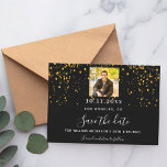 Black gold confetti photo birthday save the date<br><div class="desc">A Save the Date card for a 50th (or any age) birthday party. A black background. Decorated with golden confetti. The text: Save the Date is written with a large trendy hand lettered style script. Personalize and add a photo.</div>