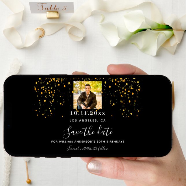 Black gold confetti photo birthday save the date (Front Digital)