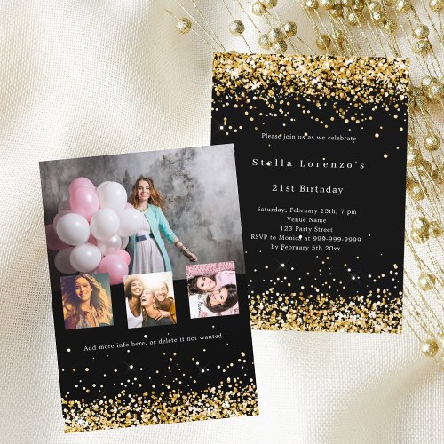 Black gold confetti photo collage birthday invitation