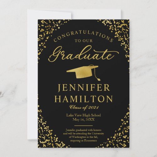 Black Gold Confetti Photo Graduation Announcement 