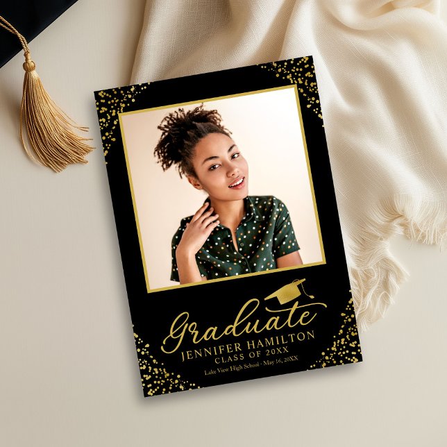Black Gold Confetti Photo Graduation Announcement  (Creator Uploaded)