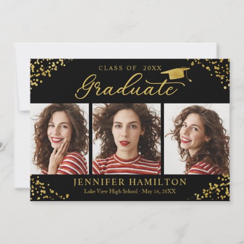 Black Gold Confetti Photo Graduation Announcement 