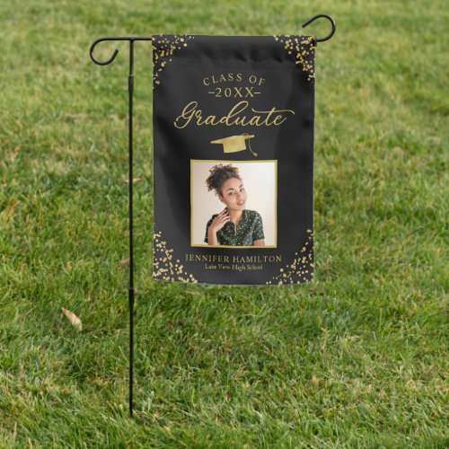 Black Gold Confetti Photo Graduation Garden Flag