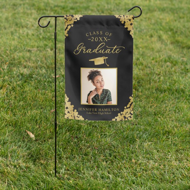 Black Gold Confetti Photo Graduation Garden Flag (In SItu)