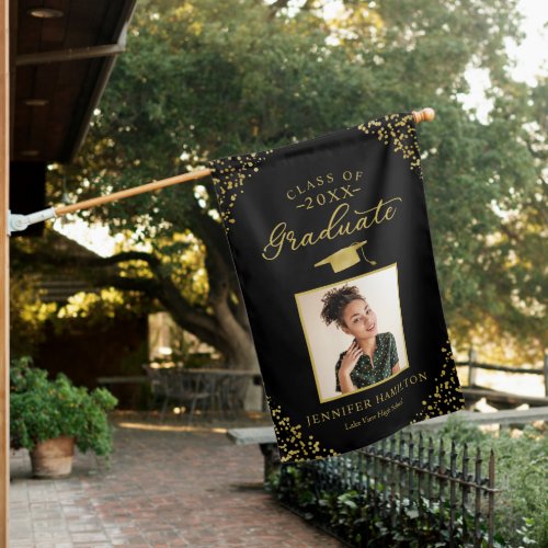 Black Gold Confetti Photo Graduation House Flag