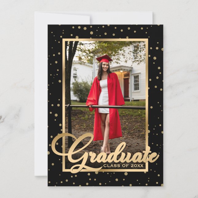 Black Gold Confetti Photo Graduation Party Invitation (Front)