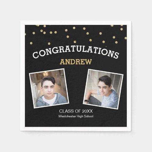 Black Gold Confetti Photo Graduation Party Napkins