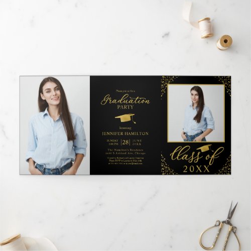 Black Gold Confetti Photo Graduation Party Tri_Fold Invitation