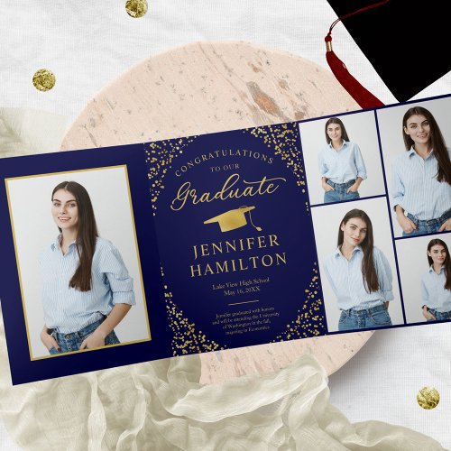 Black Gold Confetti Photo Graduation Party Tri_Fold Invitation