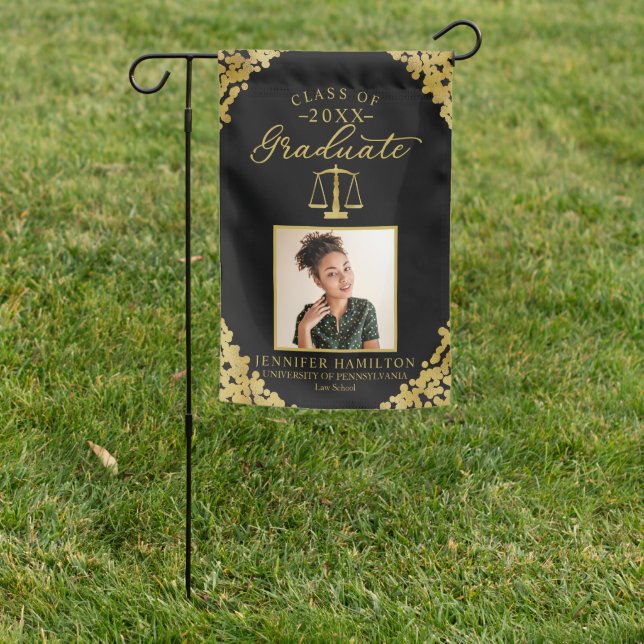 Black Gold Confetti Photo Law School Graduation Garden Flag (In SItu)