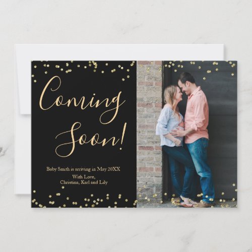 Black Gold Confetti Pregnancy Announcement Card