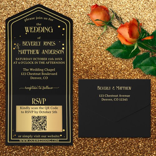 Black Gold Confetti QR Code Wedding All In One Invitation