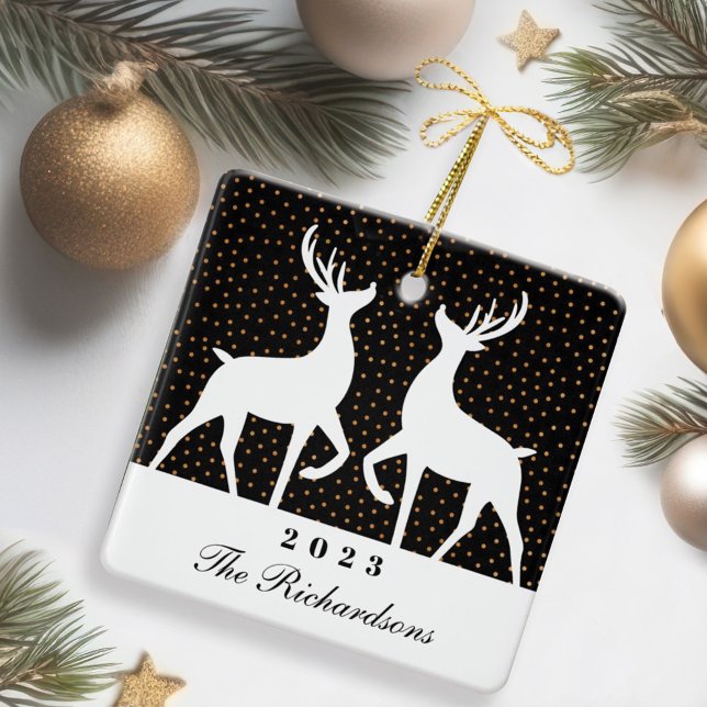 Black & Gold Confetti Reindeer Joy Family Photo Ceramic Ornament (Black & Gold Confetti Reindeer Joy Family Photo Ceramic Ornament)
