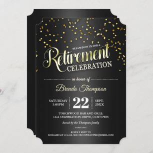 Black Gold Confetti Retirement Party Invitations