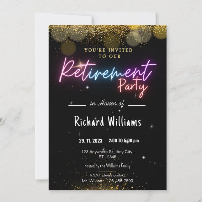 Black Gold Confetti Retirement Party Invitations (Front)