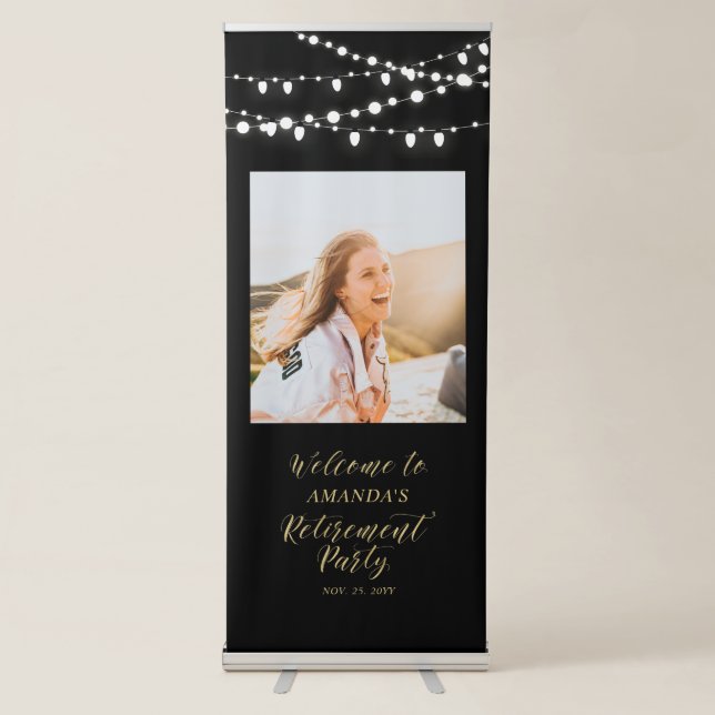 Black & Gold Confetti Retirement Party Welcome Retractable Banner (Front)