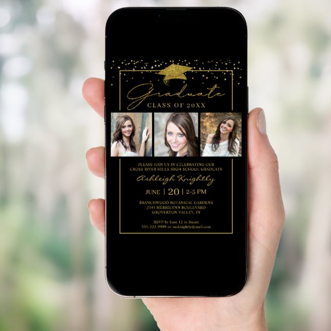 Black Gold Confetti Script 3 Photos Graduation Invitation (Front Digital)