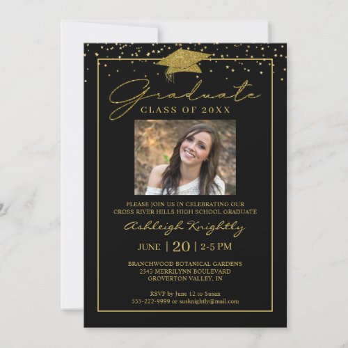 Black Gold Confetti Script Photo Graduate Invitation