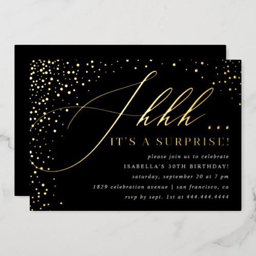 Black  Gold Confetti Script Surprise Party Foil Invitation