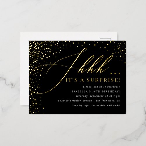 Black  Gold Confetti Script Surprise Party Foil Invitation Postcard