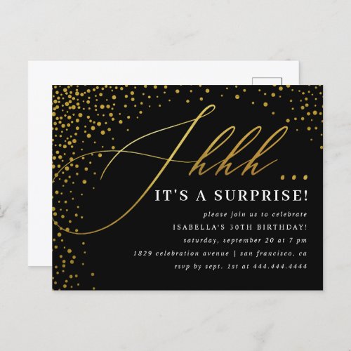 Black  Gold Confetti Script Surprise Party Invitation Postcard