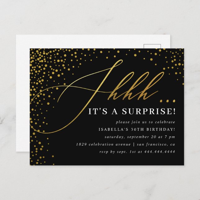 Black & Gold Confetti Script Surprise Party Invitation Postcard (Front/Back)