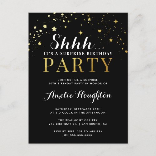 Black  Gold Confetti Shhh Surprise Party Invitation Postcard