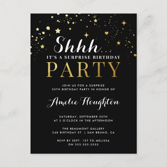 Black & Gold Confetti Shhh... Surprise Party Invitation Postcard (Front)