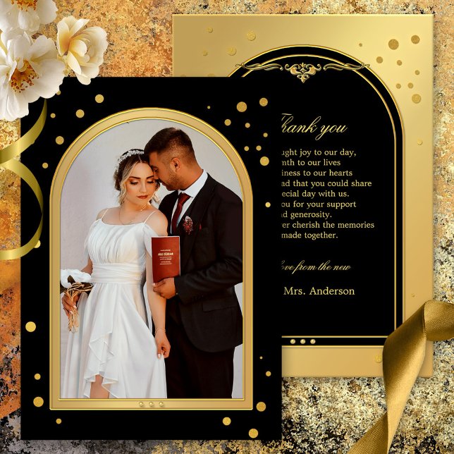 Black Gold Confetti Sparkles Wedding Photo Thank You Card (Wedding Thank You card showing your photo framed by a black and gold design with sparkling confetti.)