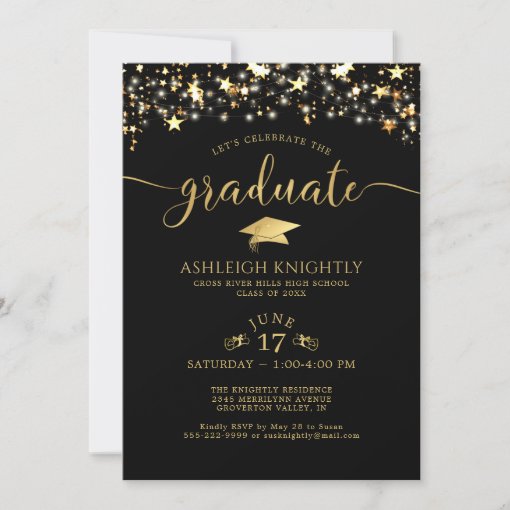 Black Gold Confetti Stars Graduation Party Invitation | Zazzle