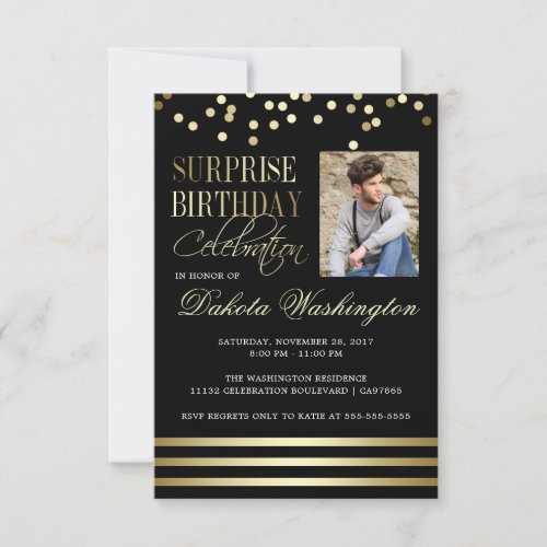 Black Gold Confetti Stripe Photo Surprise Birthday Invitation