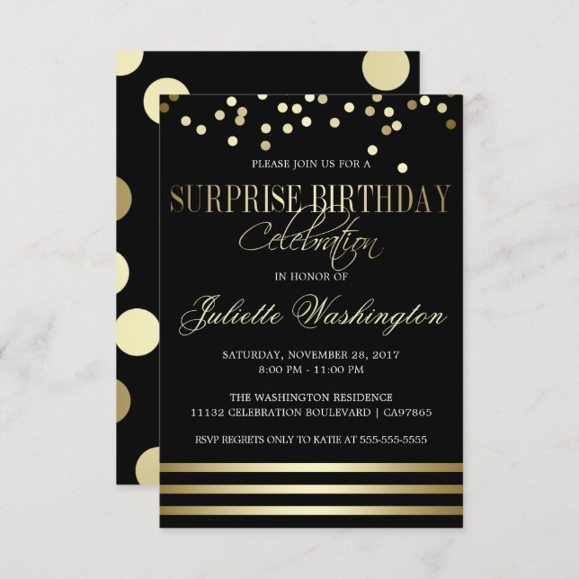 Black Gold Confetti Stripe Surprise Birthday Party Invitation (Front/Back)