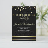 Black Gold Confetti Stripe Surprise Birthday Party Invitation (Standing Front)