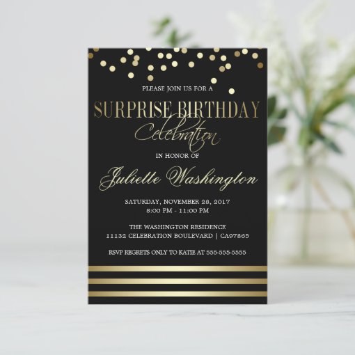 Black Gold Confetti Stripe Surprise Birthday Party Invitation | Zazzle