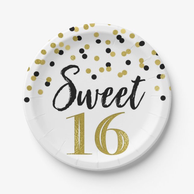 Black Gold Confetti Sweet 16 Birthday Party Paper Plates (Front)