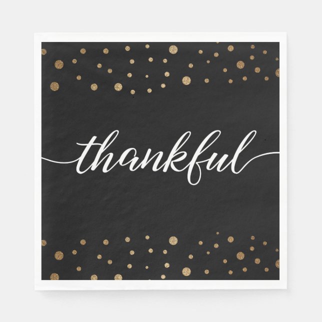 Black Gold Confetti Thankful Script Calligraphy Napkins (Front)