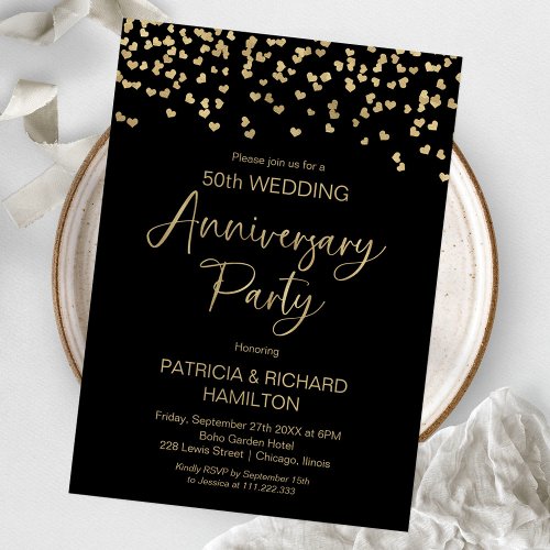 Black gold confetti wedding anniversary invitation