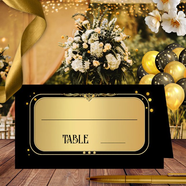 Black Gold Confetti Wedding Table Number Place Card (Wedding place card in art deco style featuring a gold black design with sparkling gold confetti)