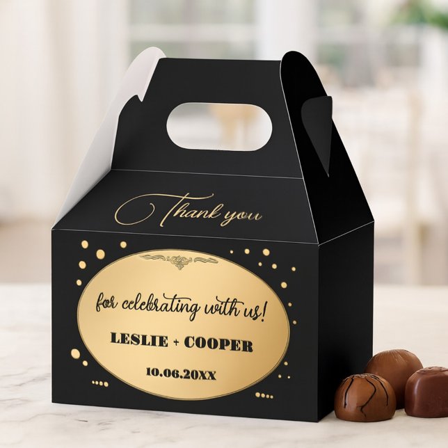 Black Gold Confetti Wedding Thank You Favor Boxes (Wedding favor box featuring a stylish gold and black art deco design with sparkling gold confetti.)