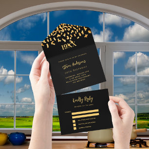 Black gold confetti year birthday rsvp all in one invitation
