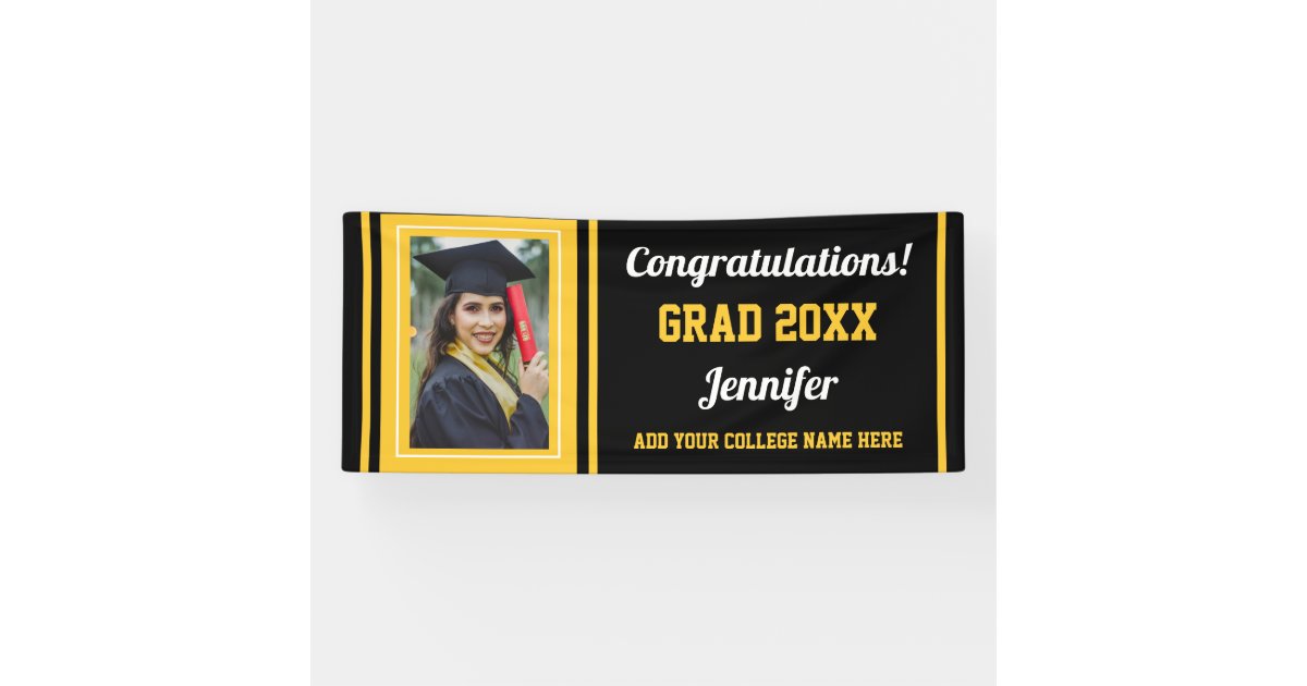 Black Gold Congrats Grad Custom Photo Graduation Banner | Zazzle