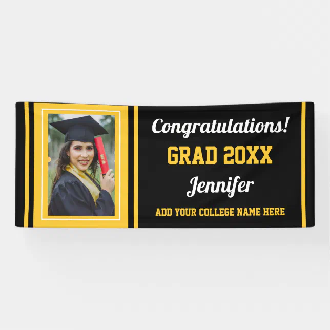 Black Gold Congrats Grad Custom Photo Graduation Banner | Zazzle
