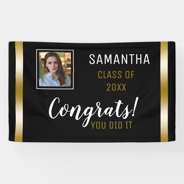 Black Gold Congrats Graduate Photo Graduation Banner (Horizontal)