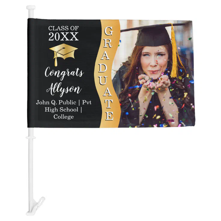 Black Gold Congrats Graduate Wave Photo Car Flag Zazzle