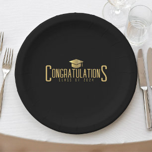 Black & Gold Congratulations Class Of Graduation Paper Plates