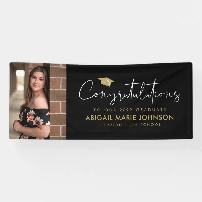 Black & Gold Congratulations Photo Graduation Banner | Zazzle