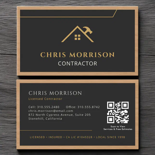 Black Gold Contractor Construction Wood QR Code Business Card | Zazzle