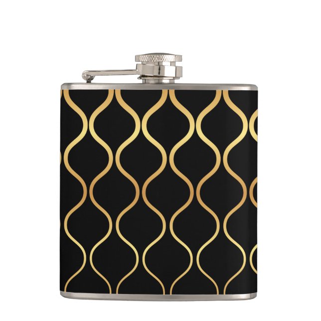 Black, gold, cool, trendy, retro abstract design flask (Front)