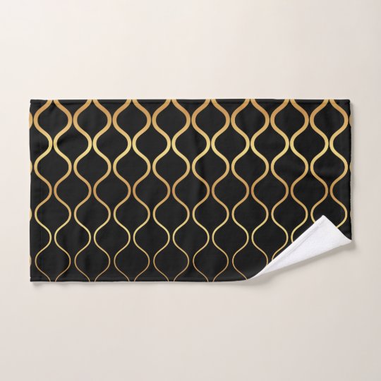 Black, gold, cool, trendy, retro abstract design hand towel
